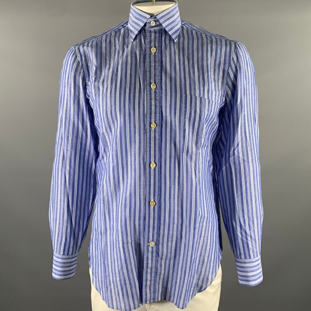 KITON Size L Blue White Stripe Linen Cotton Pointed Collar Long Sleeve Shirt